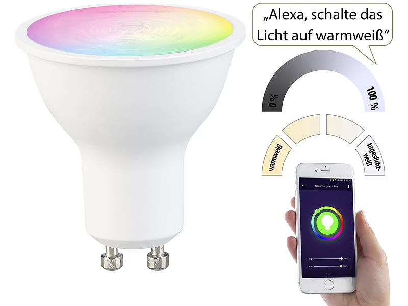 Luminea Home Control WLAN LED Lampe:10er-Set WLAN-LED-Spots, GU10, RGB-CCT 4,5Watt, 326 Lm, 45°, App – Bild 11