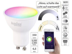 Luminea Home Control WLAN Lampe:WLAN-LED-Spot, GU10, RGB-CCT, 4,5 W (ersetzt 35 W), 326 Lm, 45°, App