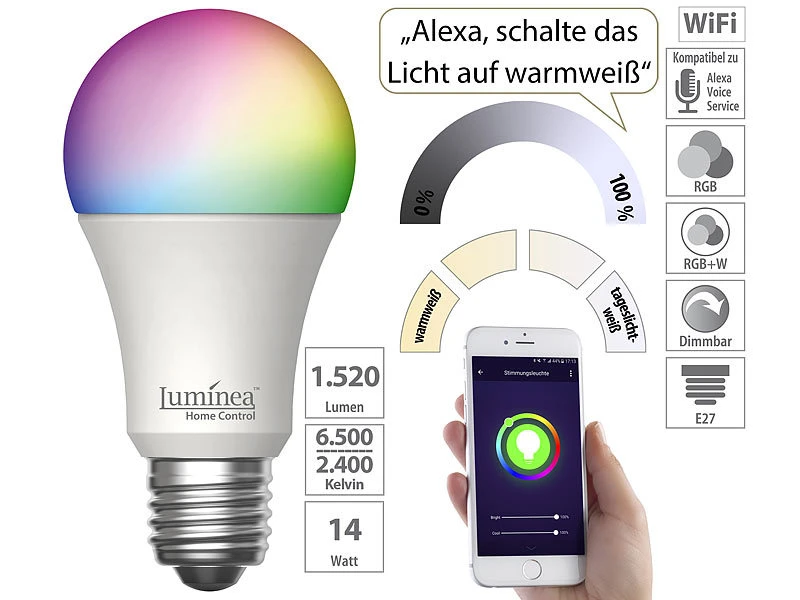 Luminea Home Control WLAN-LED-Lampen Alexa:2er-Set WLAN-LED-Lampe, E27, RGB-CCT, 14W (ersetzt 150W), 1.520lm, App – Bild 8