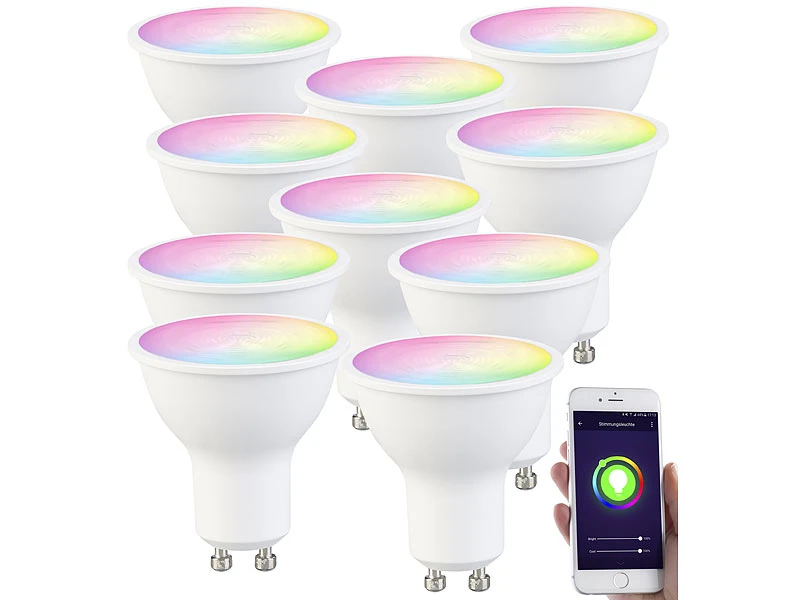 Luminea Home Control WLAN LED Lampe:10er-Set WLAN-LED-Spots, GU10, RGB-CCT 4,5Watt, 326 Lm, 45°, App – Bild 3