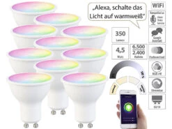 Luminea Home Control WLAN LED Lampe:10er-Set WLAN-LED-Spots, GU10, RGB-CCT 4,5Watt, 326 Lm, 45°, App