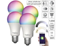Luminea Home Control RGBW LED Lampen:4er-Set WLAN-LED-Lampen, E27, RGB-CCT, 11W(ersetzt 120W), 1.055lm, App