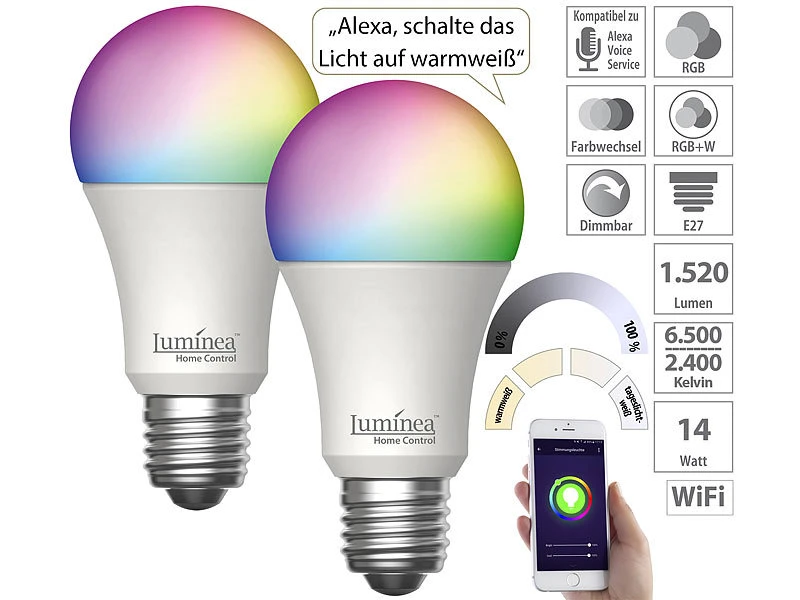 Luminea Home Control WLAN-LED-Lampen Alexa:2er-Set WLAN-LED-Lampe, E27, RGB-CCT, 14W (ersetzt 150W), 1.520lm, App