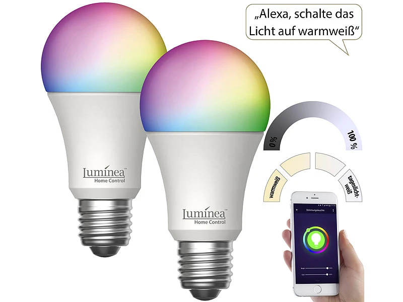 Luminea Home Control WLAN-LED-Lampen Alexa:2er-Set WLAN-LED-Lampe, E27, RGB-CCT, 14W (ersetzt 150W), 1.520lm, App – Bild 2