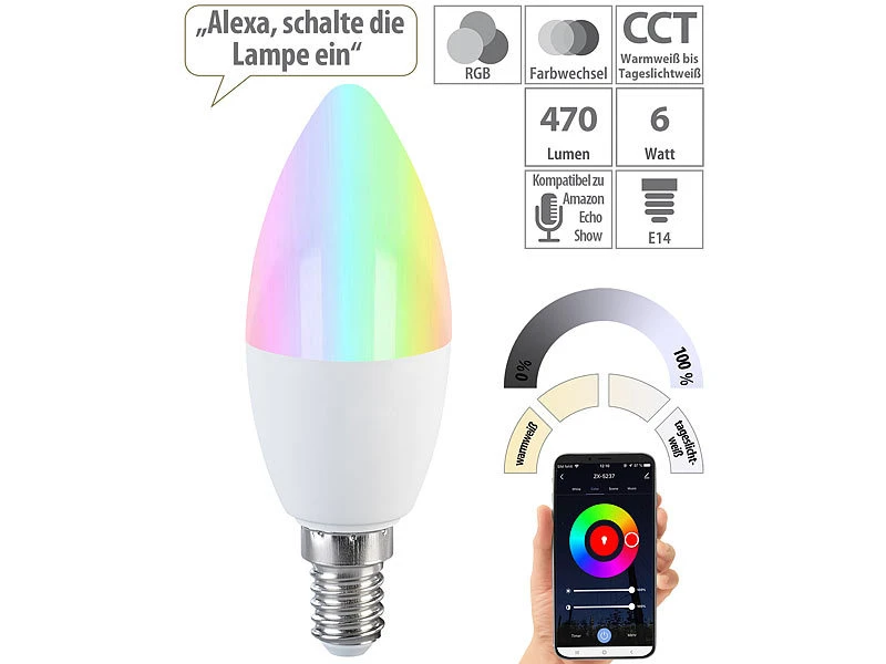 Luminea Home Control Lampen:LED-Kerze E14, RGB-CCT, 5 W (ersetzt 40 W), 470 Lm, ZigBee-kompatibel