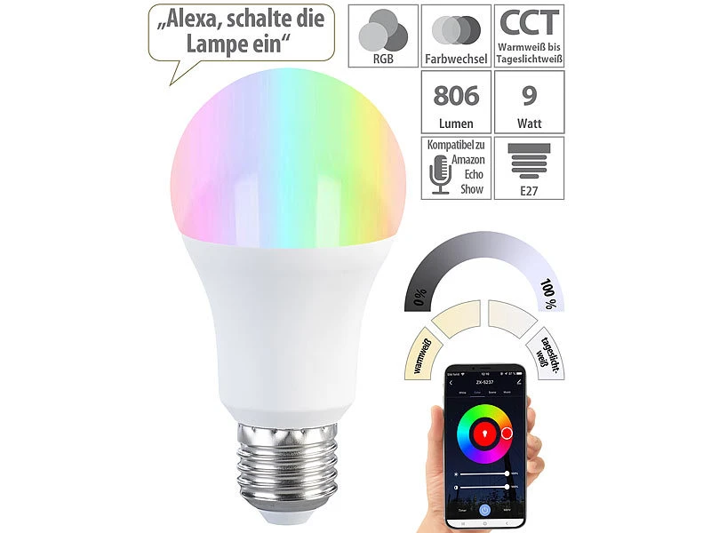 Luminea Home Control Lampen E27 Fassung:4er-Set LED-Lampen E27, RGB-CCT, 9W, 806 Lumen, ZigBee-kompatibel – Bild 14