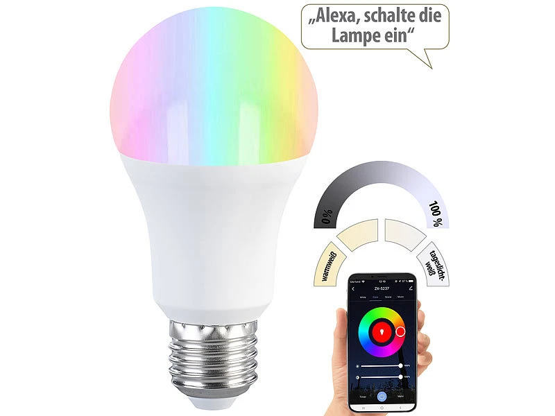 Luminea Home Control ZigBee LED RGBW:2er-Set LED-Lampen E27, RGB-CCT, 9W, 806 Lumen, ZigBee-kompatibel – Bild 14