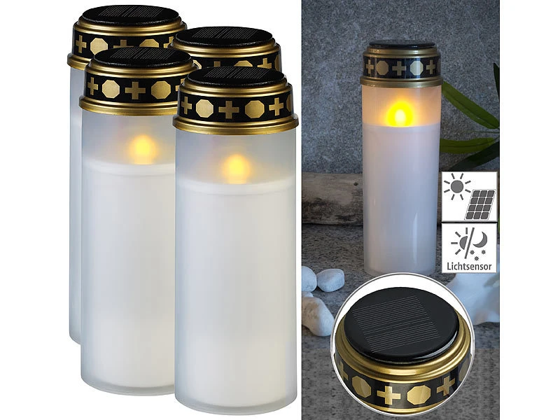 PEARL Grablaternen LED Solar:4er-Set XXL-Solar-LED-Grabkerze Mit Dauerlicht Und Akku, 21 Cm, Weiß