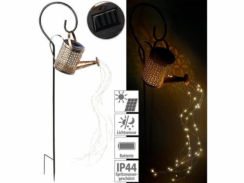 Lunartec Solar Lichterkette:Solar-Deko-Gießkanne Mit LED Beleuchtung Und Dämmerungssensor