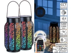 Lunartec Solarwindlichter:Smarte Solar-Laterne Aus Metall Mit RGB-CCT-LEDs, App, 2er-Set