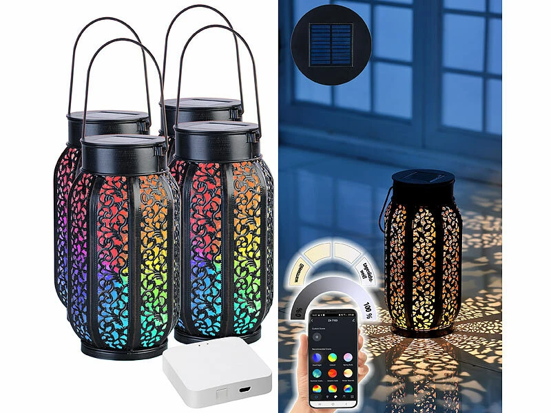 Lunartec Solarwindlicht:Smarte Solar-Laterne Aus Metall Mit RGB-CCT-LEDs 4er-Set Inkl. Gateway – Bild 2