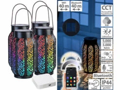 Lunartec Solarwindlicht:Smarte Solar-Laterne Aus Metall Mit RGB-CCT-LEDs 4er-Set Inkl. Gateway