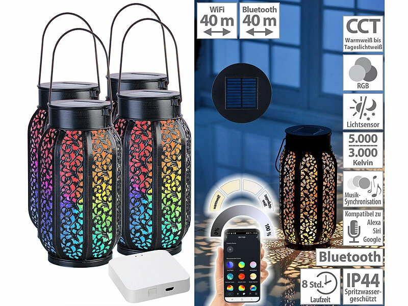 Lunartec Solarwindlicht:Smarte Solar-Laterne Aus Metall Mit RGB-CCT-LEDs 4er-Set Inkl. Gateway