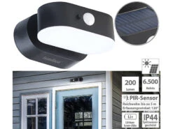 Luminea Solar Außenbeleuchtung:Kabelloser Solar-LED-Außenstrahler, PIR-Bewegungsmelder, 200 Lm, IP44