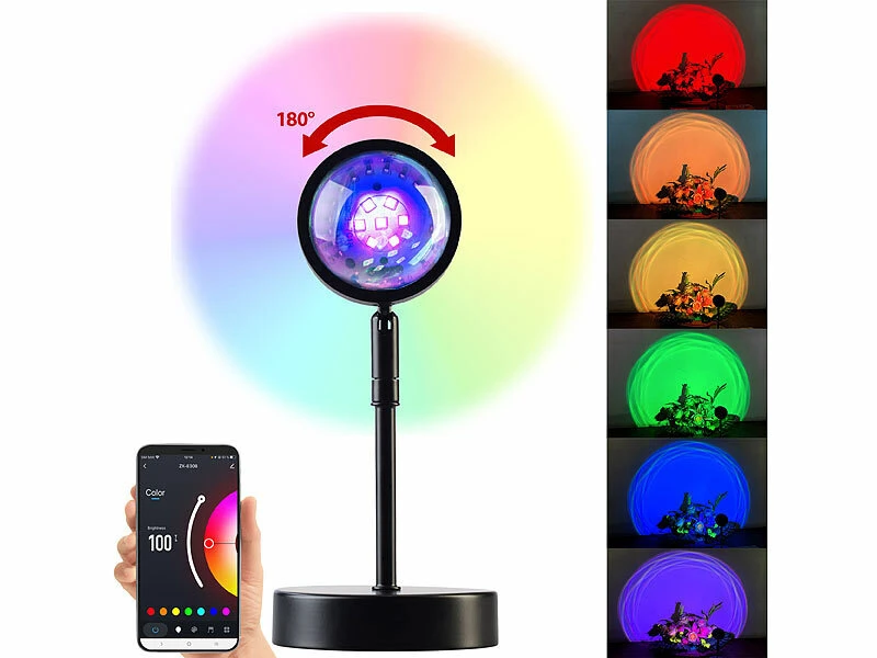 Luminea Home Control Sonnenuntergang Leuchte:Smart RGB-Sonnenuntergangs-LED-Projektionslicht, 15 W, 180°, WLAN, App – Bild 2