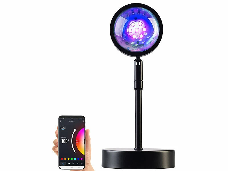 Luminea Home Control Sonnenuntergang Leuchte:Smart RGB-Sonnenuntergangs-LED-Projektionslicht, 15 W, 180°, WLAN, App – Bild 3