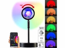 Luminea Home Control Sonnenuntergang Leuchte:Smart RGB-Sonnenuntergangs-LED-Projektionslicht, 15 W, 180°, WLAN, App
