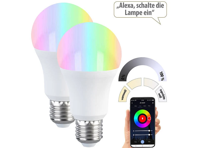 Luminea Home Control ZigBee LED RGBW:2er-Set LED-Lampen E27, RGB-CCT, 9W, 806 Lumen, ZigBee-kompatibel – Bild 2