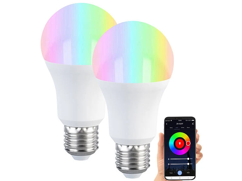 Luminea Home Control ZigBee LED RGBW:2er-Set LED-Lampen E27, RGB-CCT, 9W, 806 Lumen, ZigBee-kompatibel – Bild 3