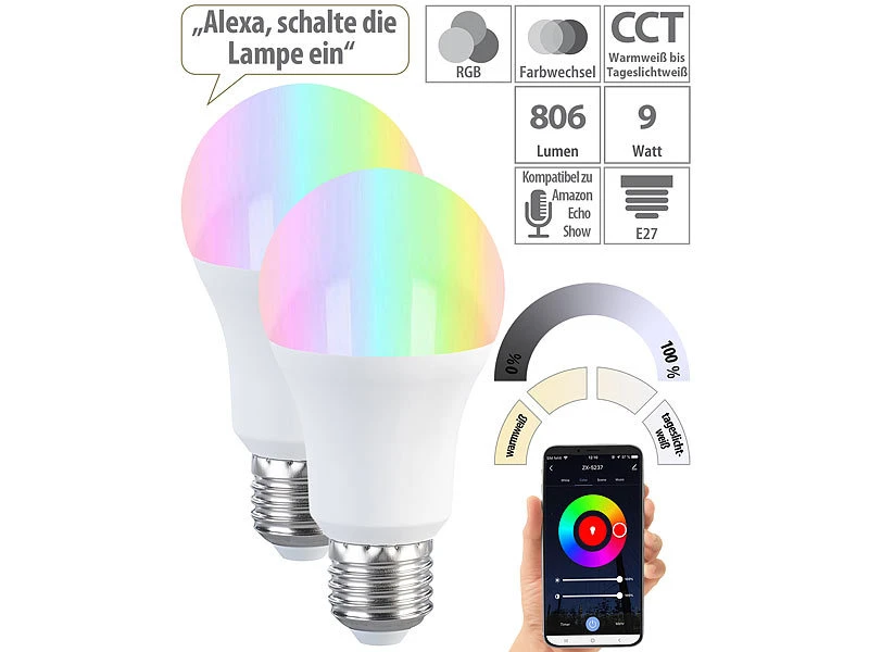 Luminea Home Control ZigBee LED RGBW:2er-Set LED-Lampen E27, RGB-CCT, 9W, 806 Lumen, ZigBee-kompatibel