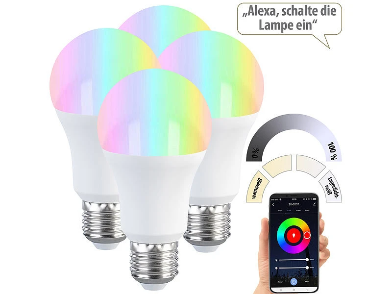Luminea Home Control Lampen E27 Fassung:4er-Set LED-Lampen E27, RGB-CCT, 9W, 806 Lumen, ZigBee-kompatibel – Bild 2