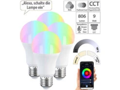 Luminea Home Control Lampen E27 Fassung:4er-Set LED-Lampen E27, RGB-CCT, 9W, 806 Lumen, ZigBee-kompatibel