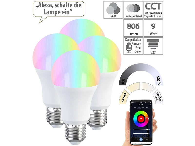 Luminea Home Control Lampen E27 Fassung:4er-Set LED-Lampen E27, RGB-CCT, 9W, 806 Lumen, ZigBee-kompatibel