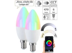 Luminea Home Control Leuchtmittel E14 Dimmbar:2er-Set LED-Kerzen E14, RGB-CCT, 5 W, 470 Lm, ZigBee-kompatibel