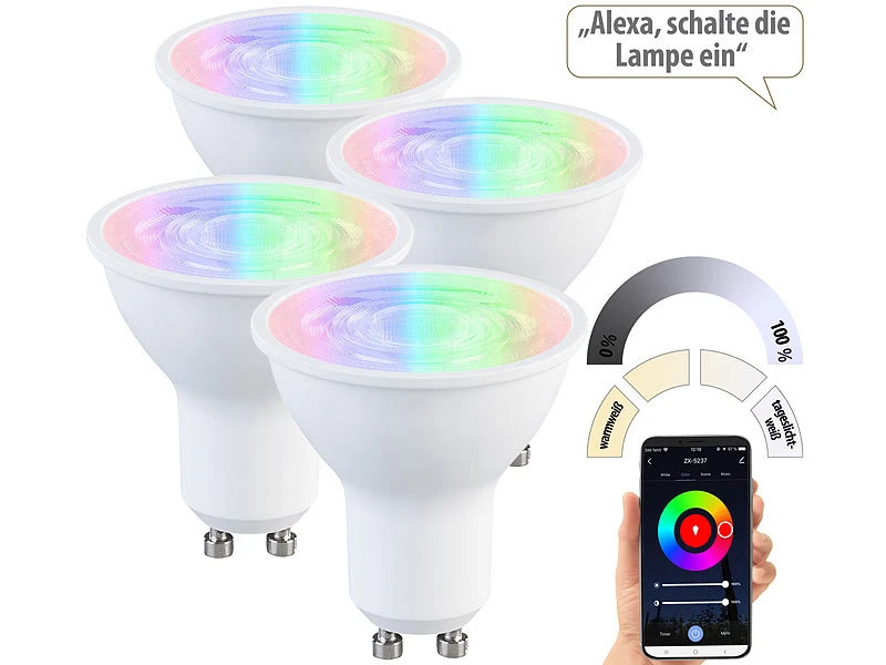 Luminea Home Control Smart Lampen GU10:4er-Set LED-Spots GU10, RGB-CCT, 4,8 W (ersetzt 35 W), Für ZigBee – Bild 2