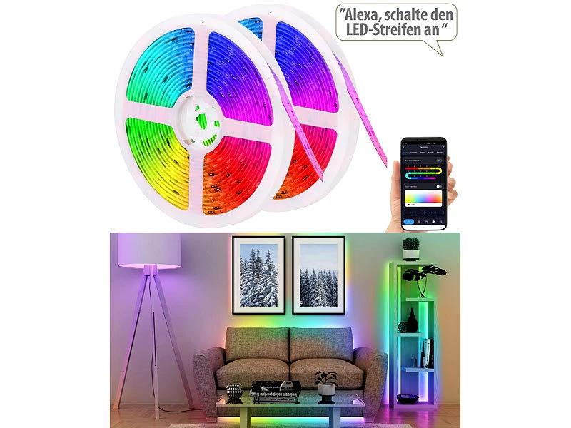 Luminea Home Control Alexa RGBIC LED Strips:2er-Set WLAN-RGBIC-LED-Lichtstreifen, App, Sprach- & Soundsteuerung,5m – Bild 2