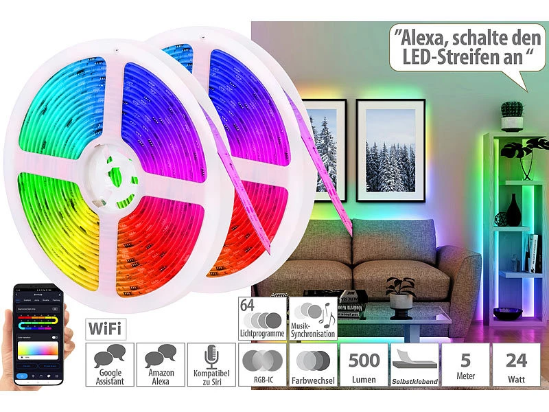 Luminea Home Control Alexa RGBIC LED Strips:2er-Set WLAN-RGBIC-LED-Lichtstreifen, App, Sprach- & Soundsteuerung,5m