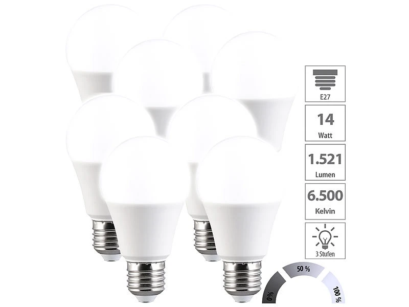Luminea Neutralweiße LED-Lampen:8er-Set LED-Lampen Mit 3 Helligkeits-Stufen, 14 W, 1.521 Lm, 6500 K, F